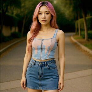 Sugar Thrillz ✦ Sequin Bustier ✦ Pink Sequin Denim Zipper Front Structured Crop